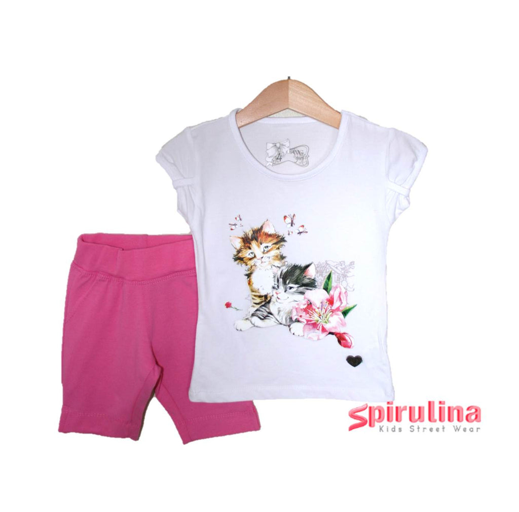 חליפת קיץ לילדות. חולצה לבנה של גורי חתולים 100% כותנה עם טייץ ורודים. חליפה אחרונה במידה 10 בלבד