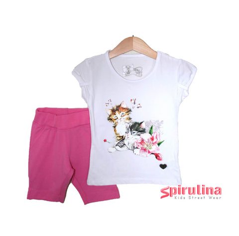 חליפת קיץ לילדות. חולצה לבנה של גורי חתולים 100% כותנה עם טייץ ורודים. חליפה אחרונה במידה 10 בלבד