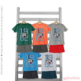 חליפת בנים דגם פאפי. חולצה לבנה מודפסת עם מכנסי פרנץ' טרי כחולים. חליפות אחרונות במידות 6 ו-8 בלבד