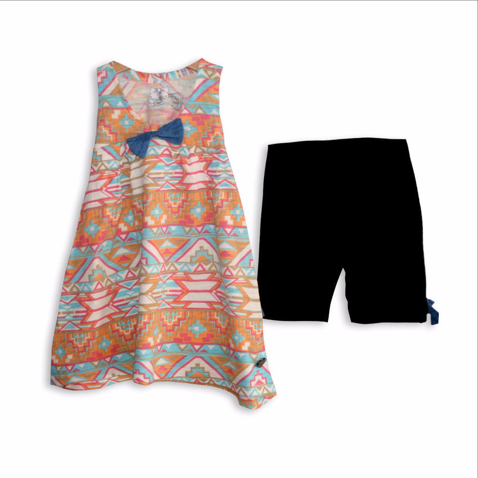 חליפת קיץ משגעת לילדות, טוניקה בננה 100% כותנה עם הדפס של צורות גיאומטריות בשילוב טייץ ברך. חליפות אחרונות במידה במחיר חיסול במידה 6 בלבד!