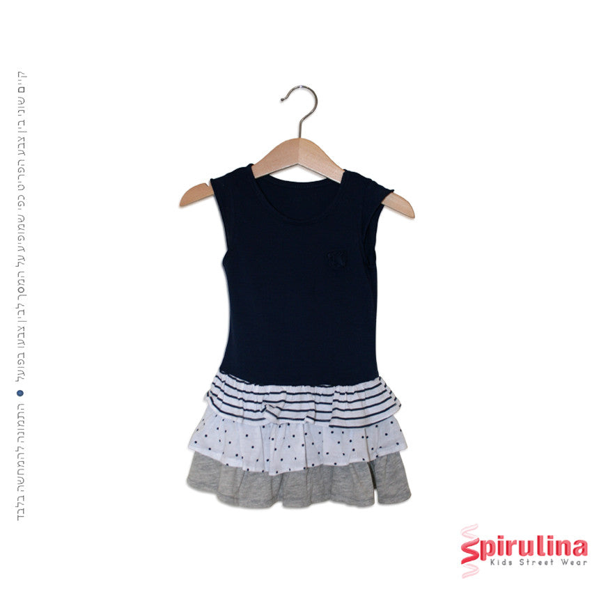 שמלת שכבות קיצית מקסימה לילדות, 100% כותנה, כחול נייבי במידות 12 חודשים ועד 4 שנים