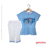 חליפת טוניקה פסים טורקיז עם מכנסי טייץ 7/8 לילדות. דגם ניו יורק. חליפות אחרונות במידות 3 ו-8 במחיר חיסול