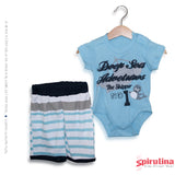 חליפת בגד גוף קיצית לבייבי בנים. בגד גוף כלב ים תכלת עם מכנסי פסים 100 כותנה במידות 6-24 חודשים