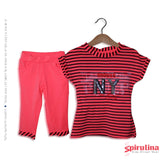 חליפת טוניקה פסים ורודה עם מכנסי טייץ 7/8 לילדות. דגם ניו יורק. חליפה אחרונה במידה 10 במחיר חיסול
